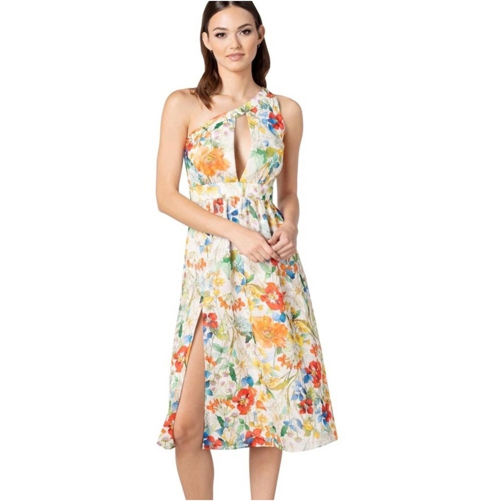 Dress the Population Mena Canary Chiffon Floral One Shoulder Midi Dress Womens M